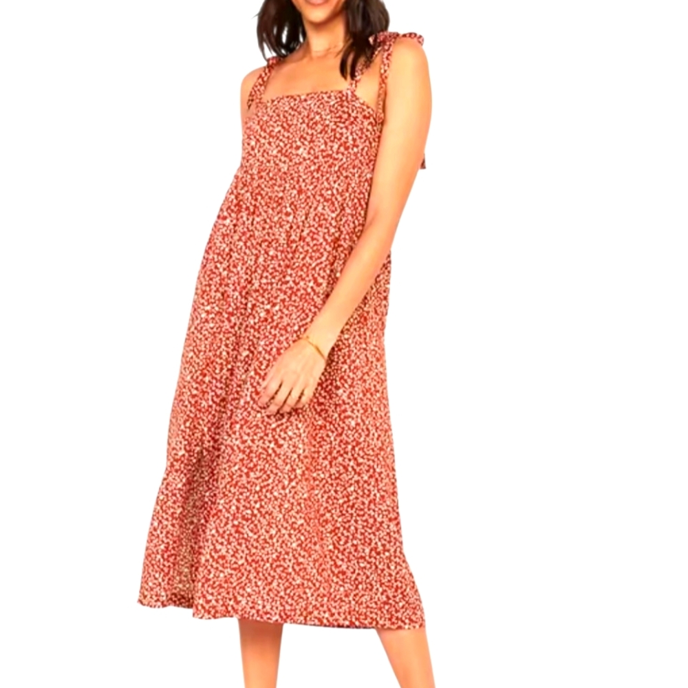 Old Navy Dress Tie Shoulder Bow Floral Split Front Midi Swing Red Cottagecore XL